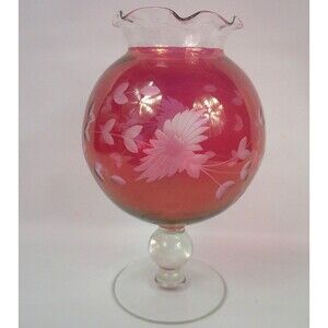 Vintage Cranberry Floral Etched Glass Fluted Globe Pedestal Vase 8 Inch